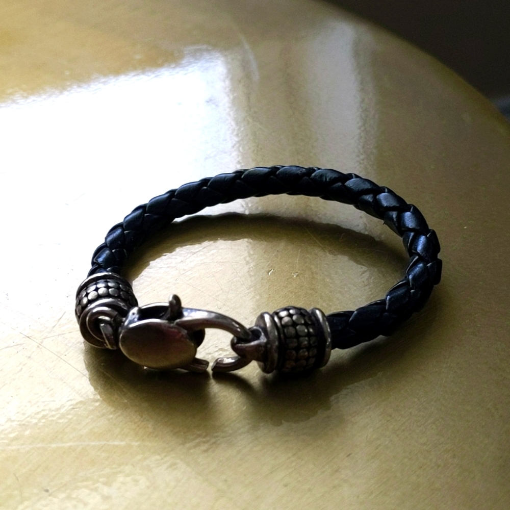 7 1/2 "black braided leather and silver bracelet